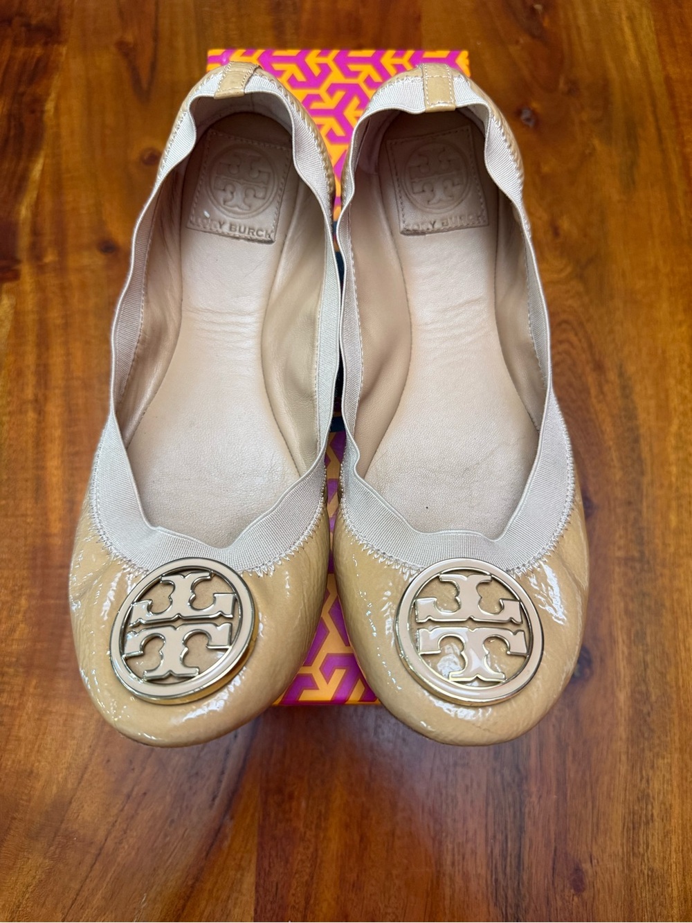 Tory Burch Nude Patent Leather Logo Ballet Flats